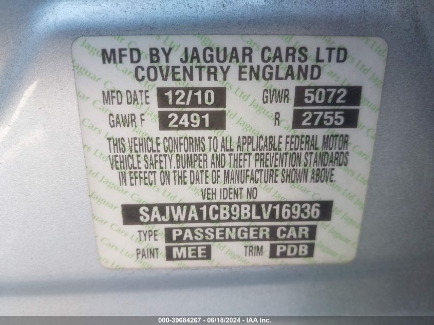 2011 Jaguar Xj VIN: SAJWA1CB9BLV16936 Lot: 39684267