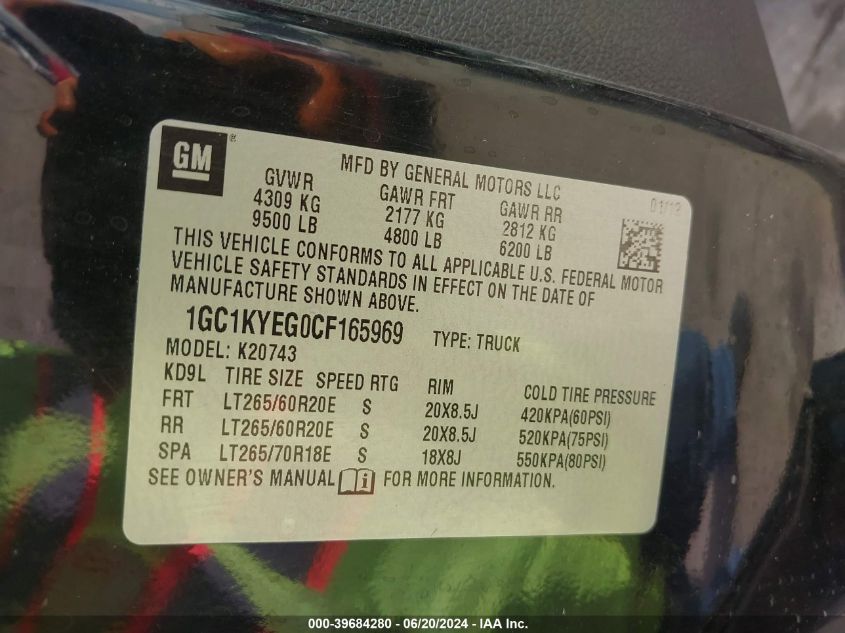 2012 Chevrolet Silverado 2500Hd Ltz VIN: 1GC1KYEG0CF165969 Lot: 39684280