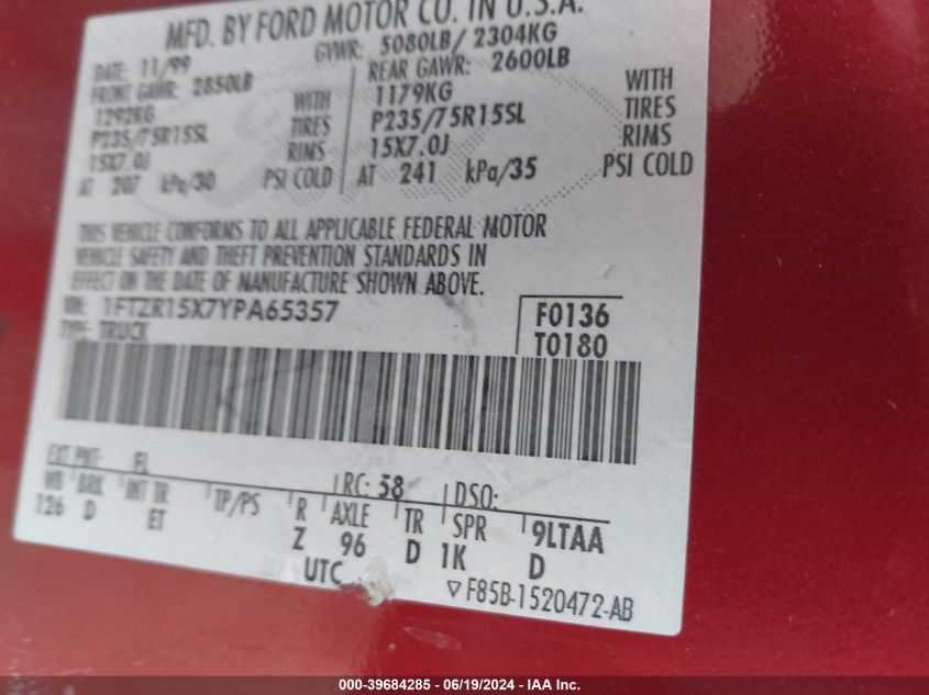 2000 Ford Ranger Super Cab VIN: 1FTZR15X7YPA65357 Lot: 39684285