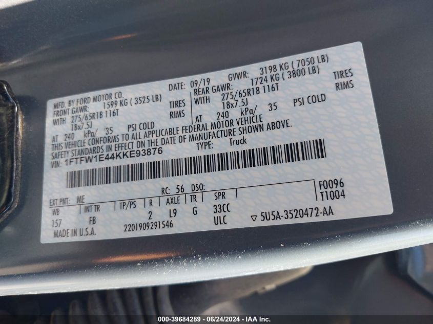 2019 Ford F-150 Xlt VIN: 1FTFW1E44KKE93876 Lot: 39684289