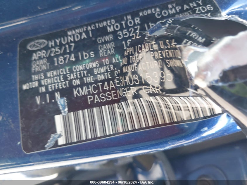2017 Hyundai Accent Se VIN: KMHCT4AE3HU315395 Lot: 39684294