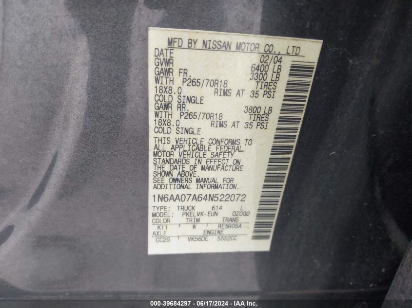 2004 Nissan Titan Le VIN: 1N6AA07A64N522072 Lot: 39684297