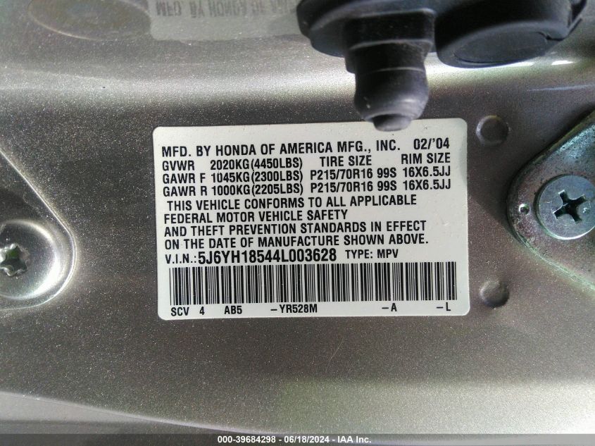2004 Honda Element Ex VIN: 5J6YH18544L003628 Lot: 39684298