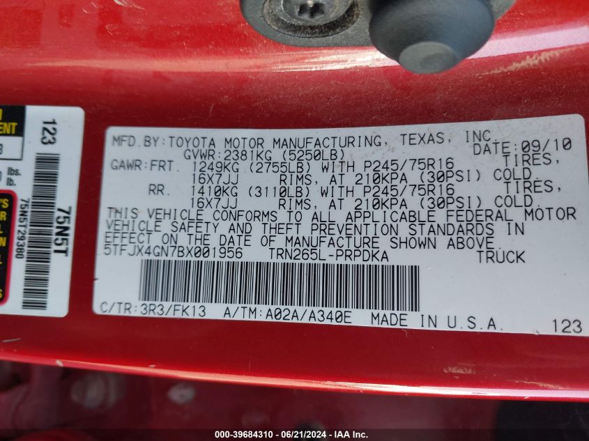 2011 Toyota Tacoma Prerunner VIN: 5TFJX4GN7BX001956 Lot: 39684310