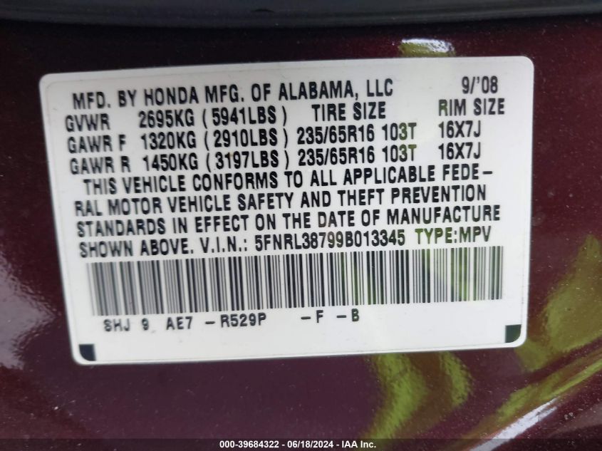 2009 Honda Odyssey Ex-L VIN: 5FNRL38799B013345 Lot: 39684322