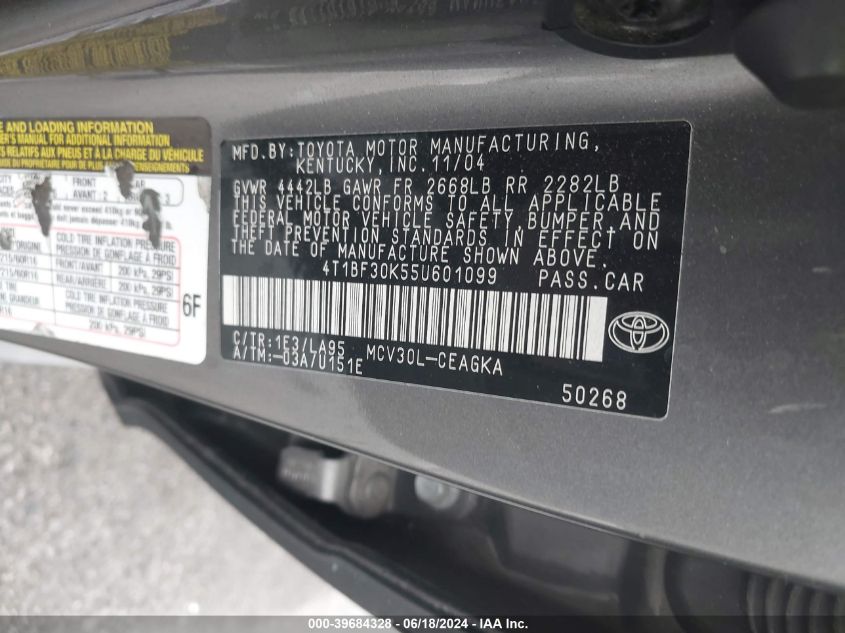 2005 Toyota Camry Xle V6 VIN: 4T1BF30K55U601099 Lot: 39684328