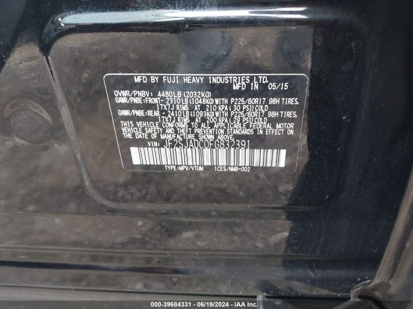 2015 Subaru Forester 2.5I Premium VIN: JF2SJADC0FG832391 Lot: 39684331