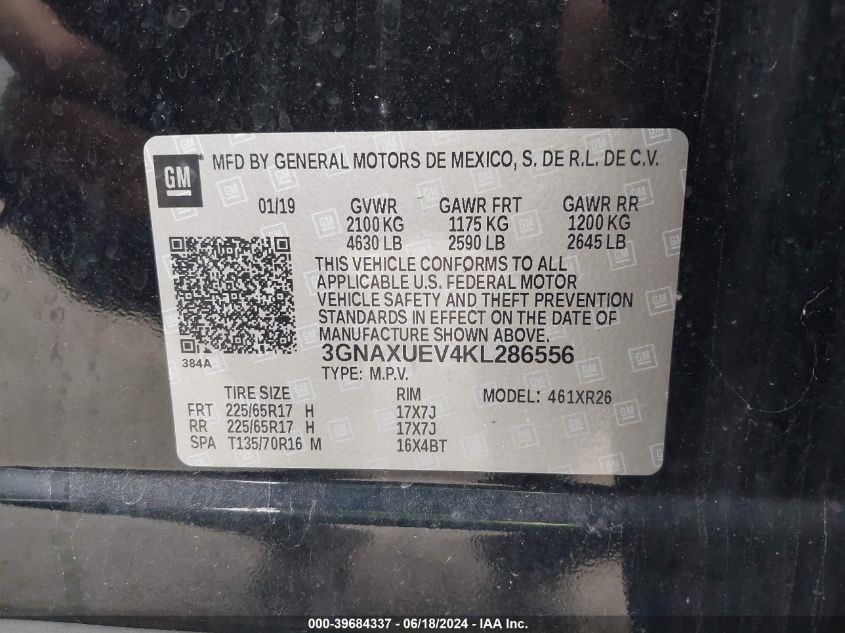 2019 Chevrolet Equinox Lt VIN: 3GNAXUEV4KL286556 Lot: 39684337