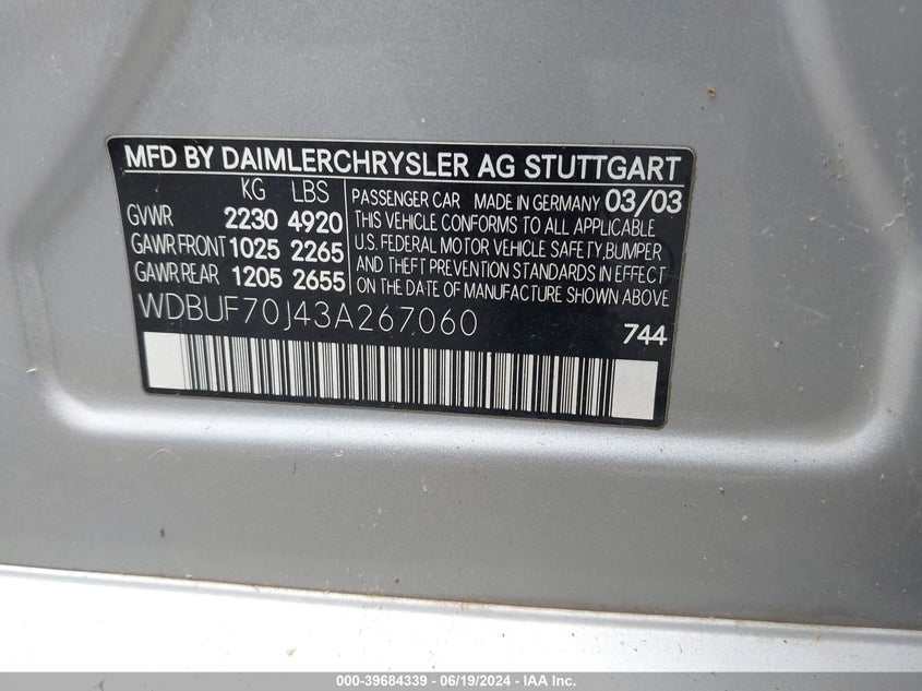 2003 Mercedes-Benz E-Class 5.0L VIN: WDBUF70J43A267060 Lot: 39684339