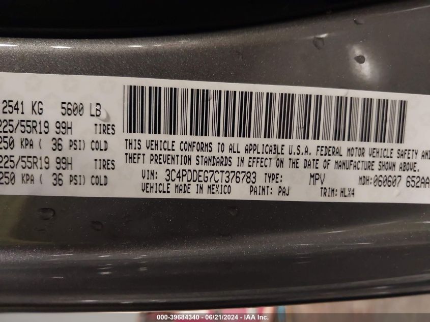 2012 Dodge Journey R/T VIN: 3C4PDDEG7CT376783 Lot: 39684340