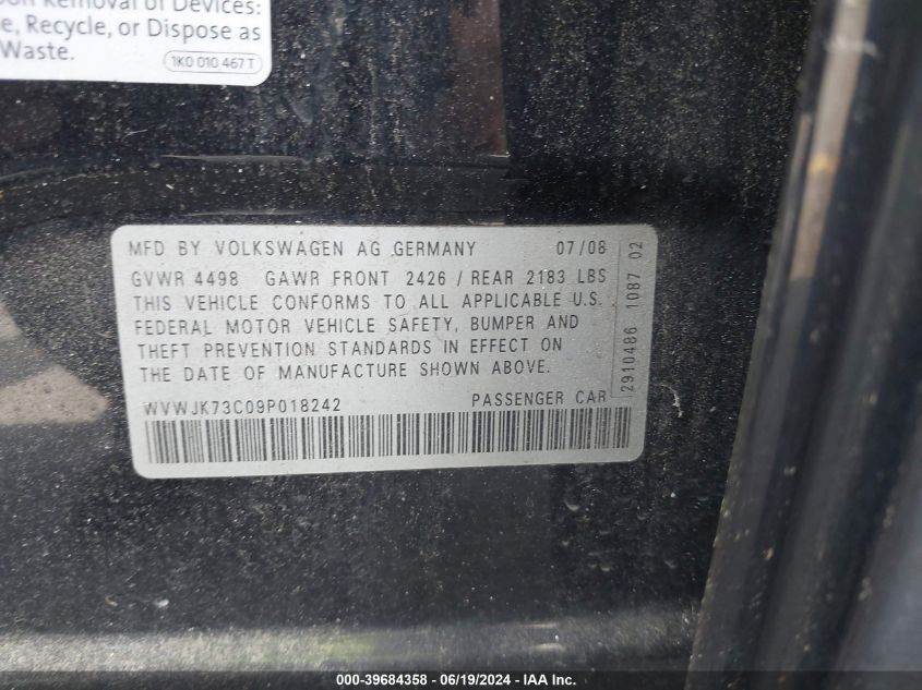 2009 Volkswagen Passat Komfort VIN: WVWJK73C09P018242 Lot: 39684358