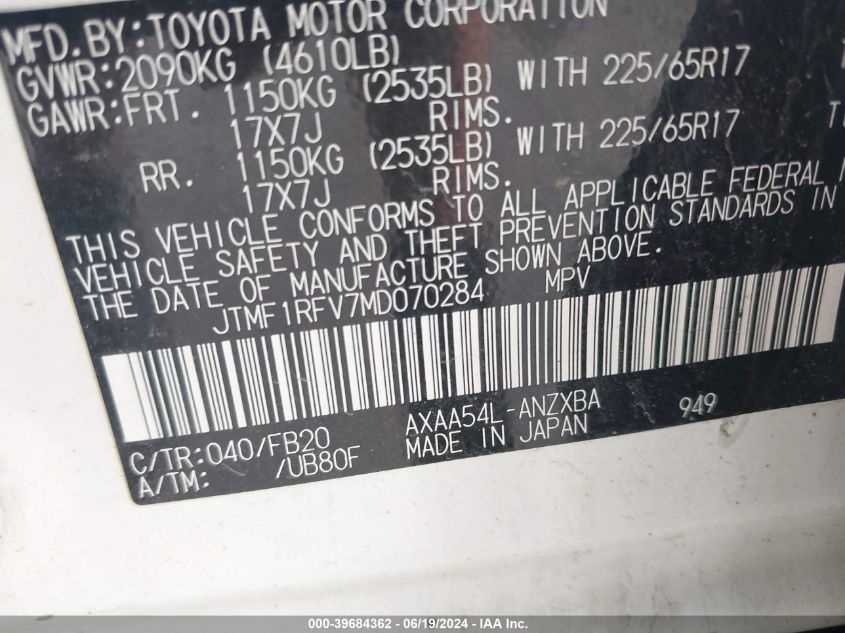 2021 Toyota Rav4 Le VIN: JTMF1RFV7MD070284 Lot: 39684362