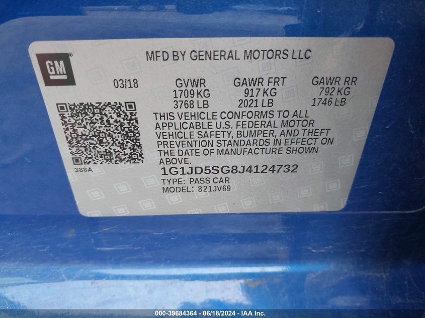 2018 Chevrolet Sonic Lt Auto VIN: 1G1JD5SG8J4124732 Lot: 39684364