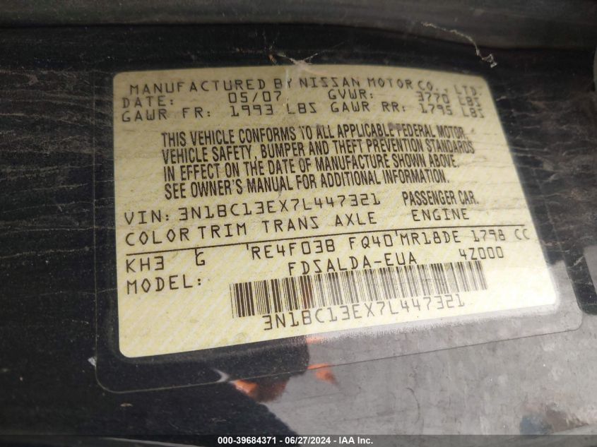 2007 Nissan Versa 1.8S VIN: 3N1BC13EX7L447321 Lot: 39684371