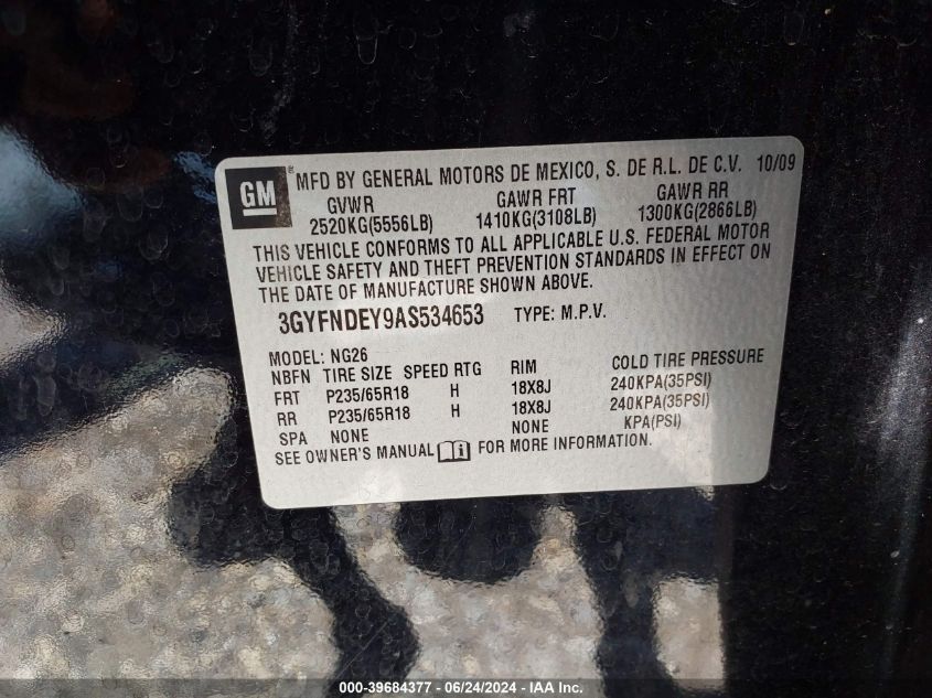 2010 Cadillac Srx Luxury Collection VIN: 3GYFNDEY9AS534653 Lot: 39684377