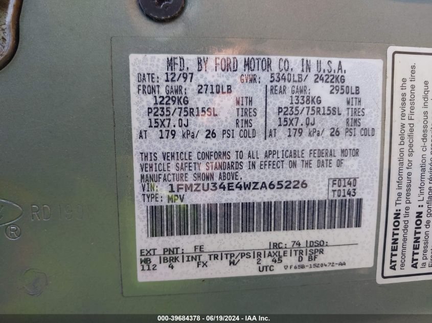 1998 Ford Explorer VIN: 1FMZU34E4WZA65226 Lot: 39684378