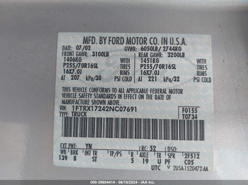 1FTRX17242NC07691 2002 Ford F-150 Xl/Xlt