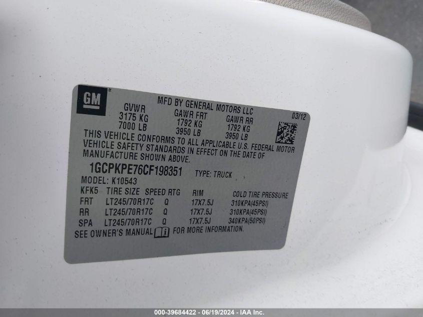 2012 Chevrolet Silverado K1500 VIN: 1GCPKPE76CF198351 Lot: 39684422