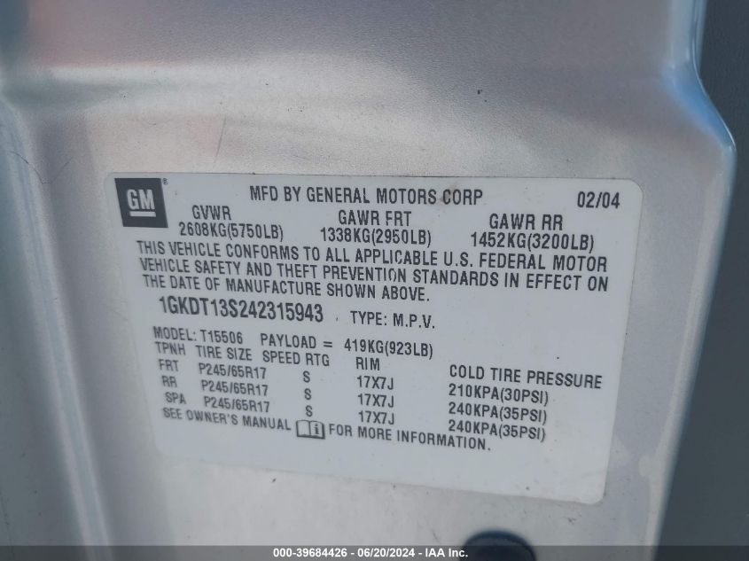 2004 GMC Envoy Slt VIN: 1GKDT13S242315943 Lot: 39684426