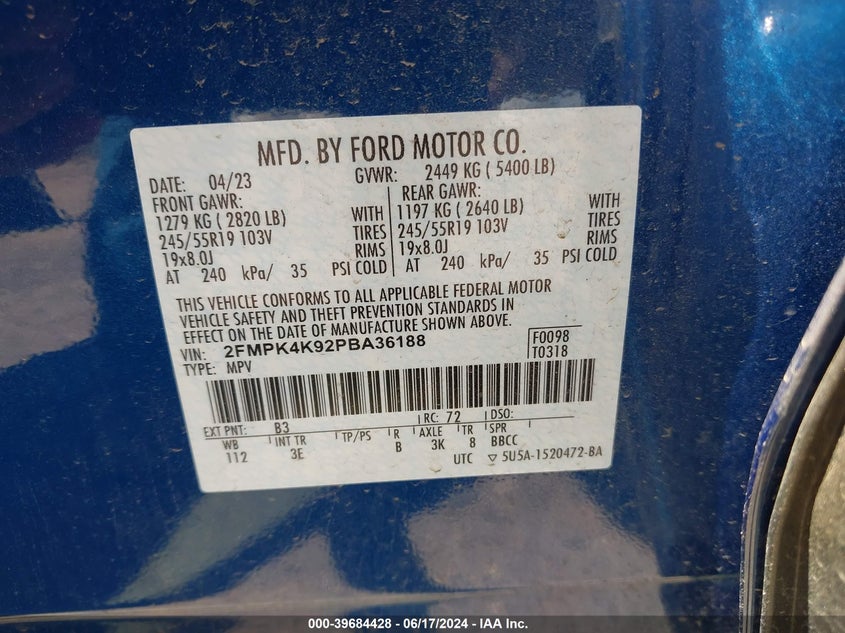 2023 Ford Edge Titanium VIN: 2FMPK4K92PBA36188 Lot: 39684428