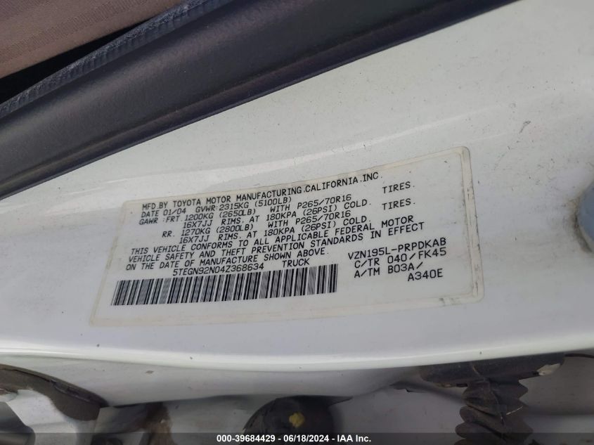 2004 Toyota Tacoma Prerunner V6 VIN: 5TEGN92N04Z368634 Lot: 39684429