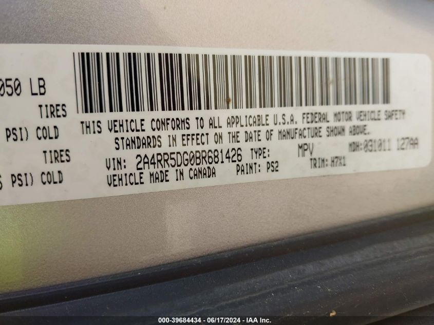 2011 Chrysler Town & Country Touring VIN: 2A4RR5DG0BR681426 Lot: 39684434