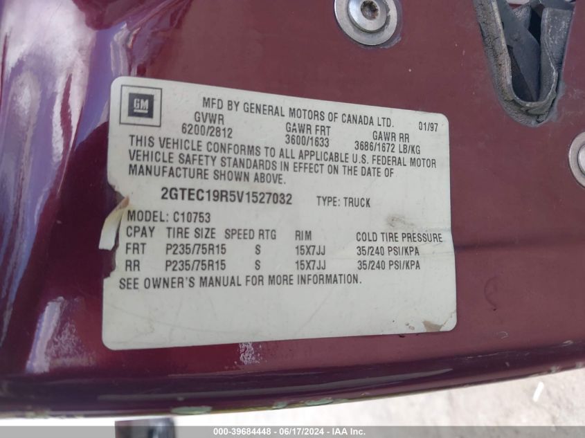 1997 GMC Sierra 1500 Sl Wideside VIN: 2GTEC19R5V1527032 Lot: 39684448