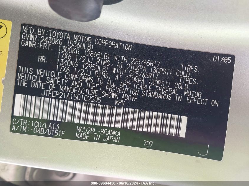 2005 Toyota Highlander Limited V6 VIN: JTEEP21A150102205 Lot: 39684450