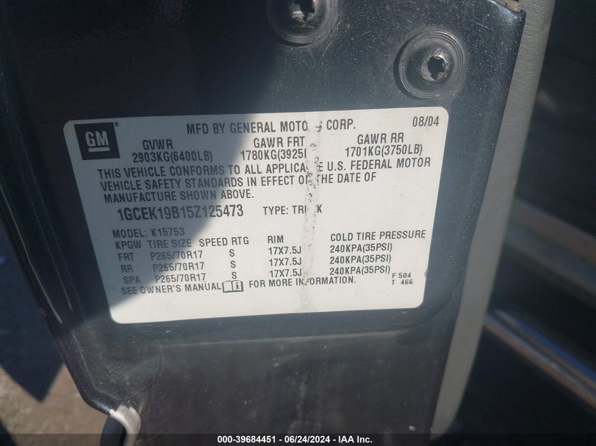 2005 Chevrolet Silverado 1500 Z71 VIN: 1GCEK19B15Z125473 Lot: 39684451