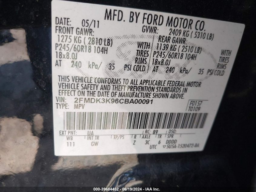 2012 Ford Edge Limited VIN: 2FMDK3K96CBA00091 Lot: 39684452