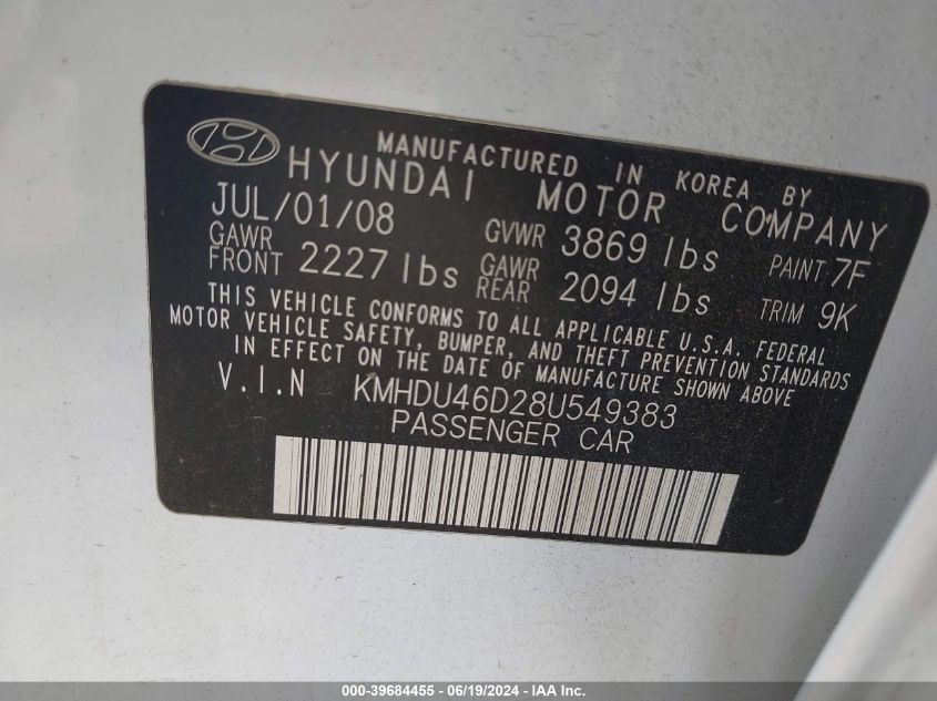 KMHDU46D28U549383 2008 Hyundai Elantra Gls/Se