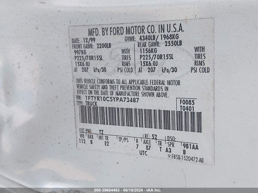 2000 Ford Ranger Xl/Xlt VIN: 1FTYR10C5YPA73487 Lot: 39684463