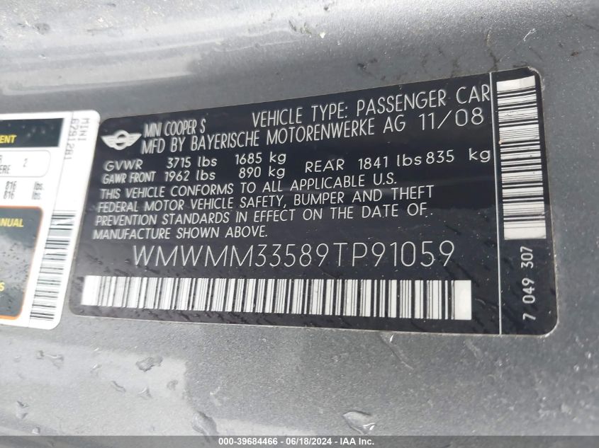 2009 Mini Cooper S Clubman VIN: WMWMM33589TP91059 Lot: 39684466