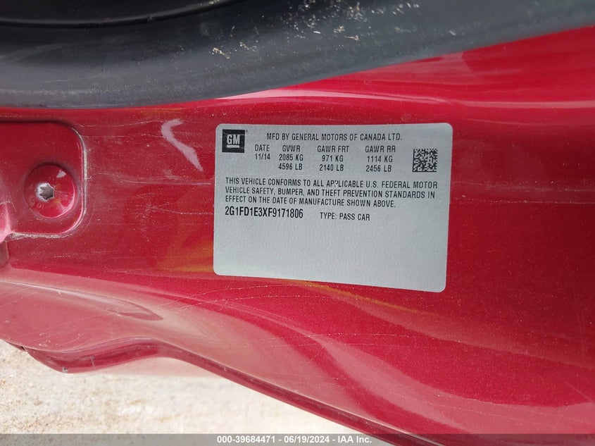 2015 Chevrolet Camaro Lt VIN: 2G1FD1E3XF9171806 Lot: 39684471