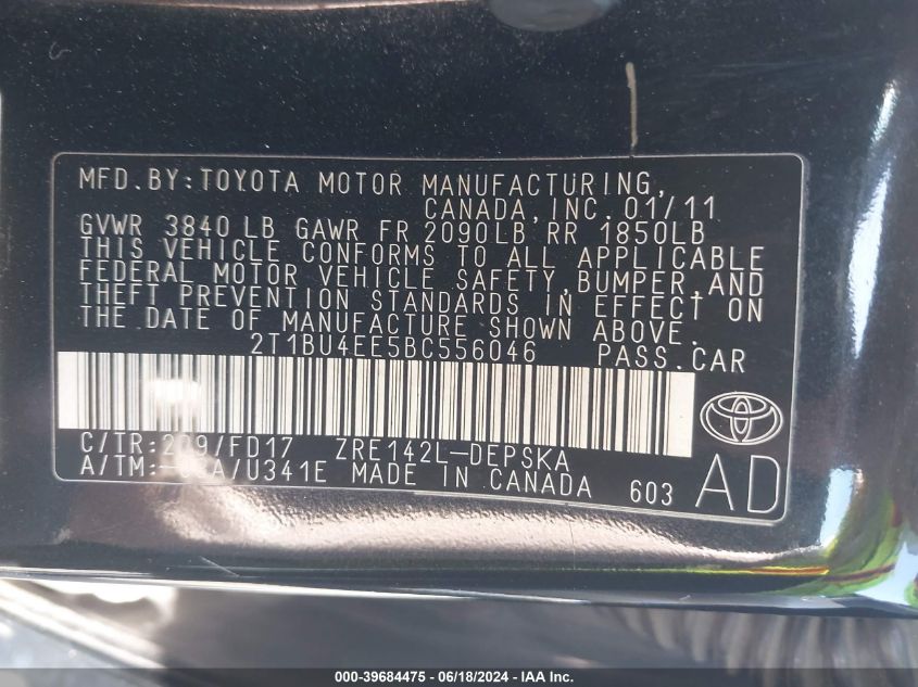 2011 Toyota Corolla S VIN: 2T1BU4EE5BC556046 Lot: 39684475