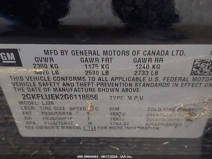 2016 GMC Terrain Slt VIN: 2GKFLUEK2G6118656 Lot: 39684483