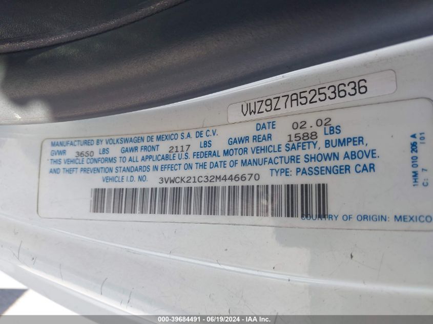 2002 Volkswagen New Beetle Gls VIN: 3VWCK21C32M446670 Lot: 39684491