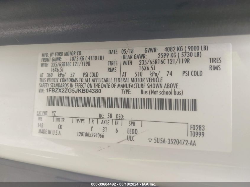 2018 Ford Transit T-350 VIN: 1FBZX2ZG5JKB04380 Lot: 39684492