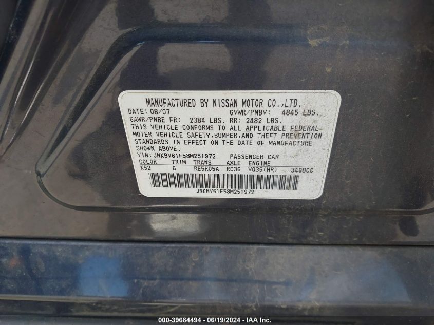 2008 Infiniti G35X VIN: JNKBV61F58M251972 Lot: 39684494