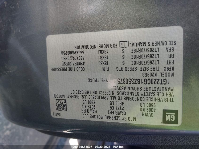 2011 GMC Sierra 2500Hd K2500 Sle VIN: 1GT220CG1BZ350375 Lot: 39684507