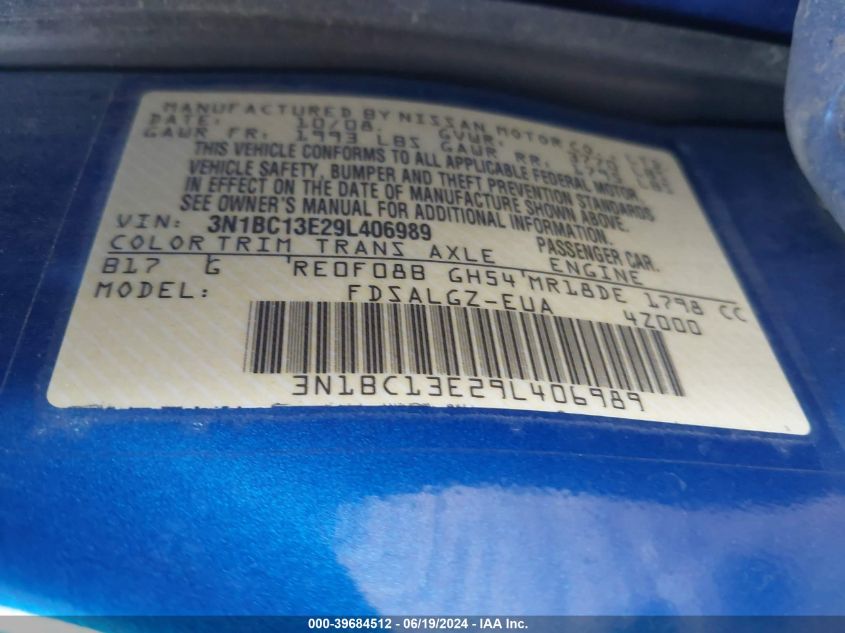 2009 Nissan Versa S/Sl VIN: 3N1BC13E29L406989 Lot: 39684512