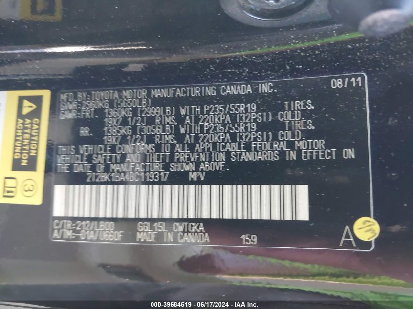 2011 Lexus Rx 350 VIN: 2T2BK1BA4BC119317 Lot: 39684519