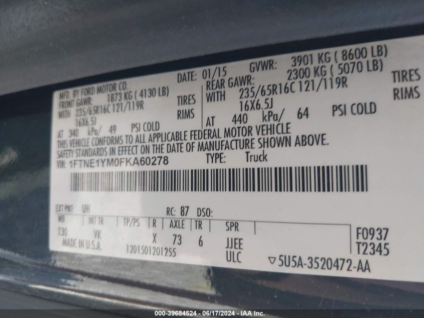 2015 Ford Transit-150 VIN: 1FTNE1YM0FKA60278 Lot: 39684524