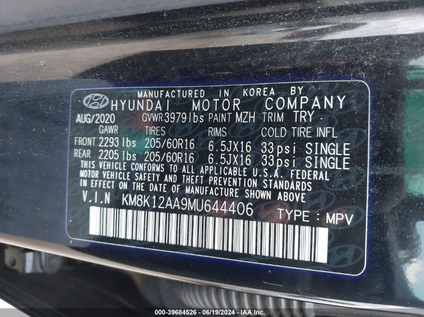 2021 Hyundai Kona Se VIN: KM8K12AA9MU644406 Lot: 39684526