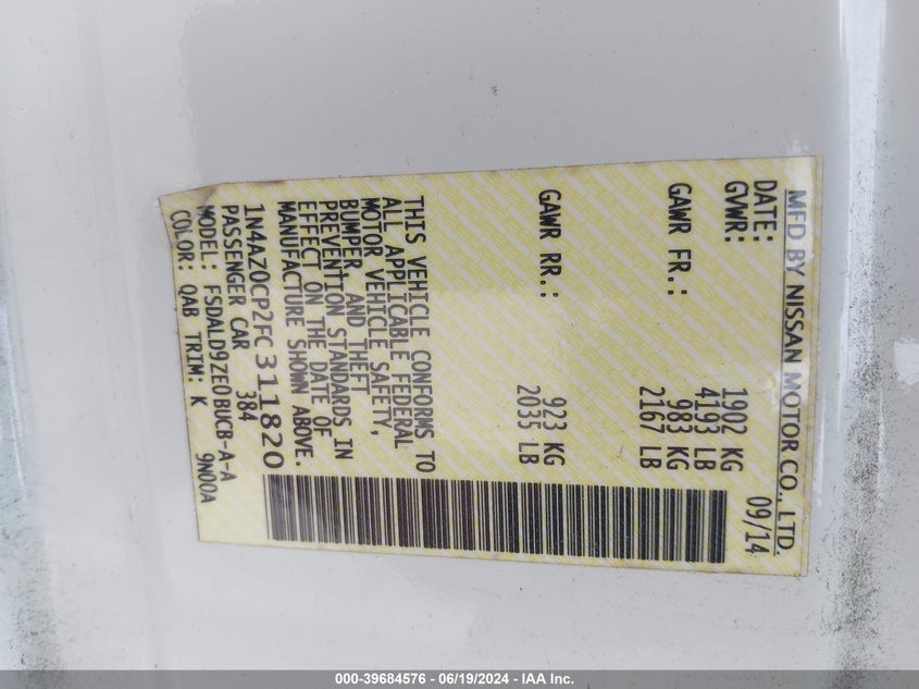 2015 Nissan Leaf Sv VIN: 1N4AZ0CP2FC311820 Lot: 39684576