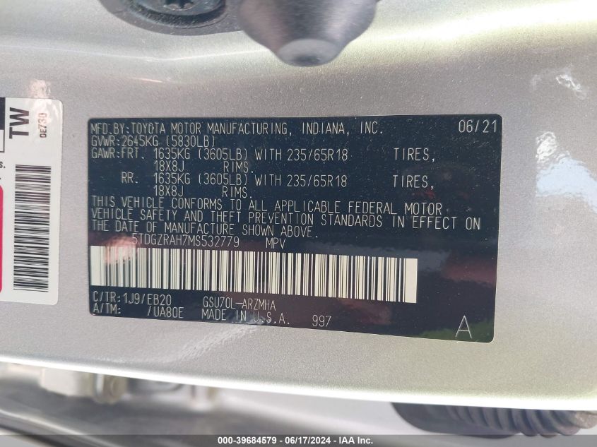 2021 Toyota Highlander Xle VIN: 5TDGZRAH7MS532779 Lot: 39684579