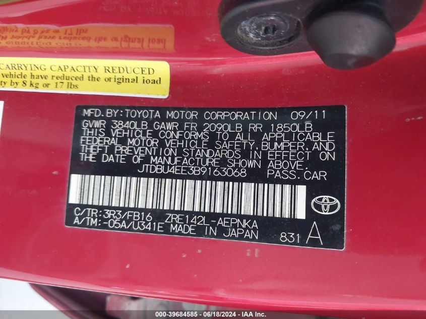 2011 Toyota Corolla Le VIN: JTDBU4EE3B9163068 Lot: 39684585