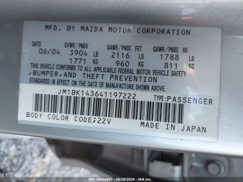 2004 Mazda Mazda3 S VIN: JM1BK143641197222 Lot: 39684597