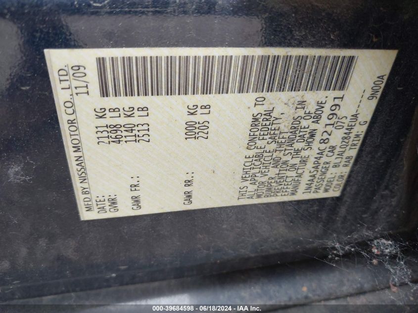 2010 Nissan Maxima 3.5 S VIN: 1N4AA5AP4AC821991 Lot: 39684598