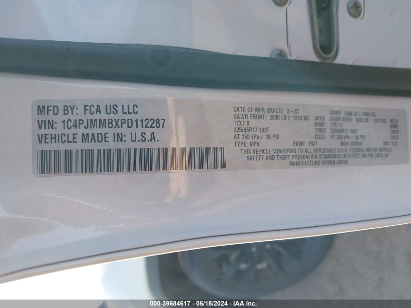 2023 Jeep Cherokee Altitude Lux 4X4 VIN: 1C4PJMMBXPD112287 Lot: 39684617